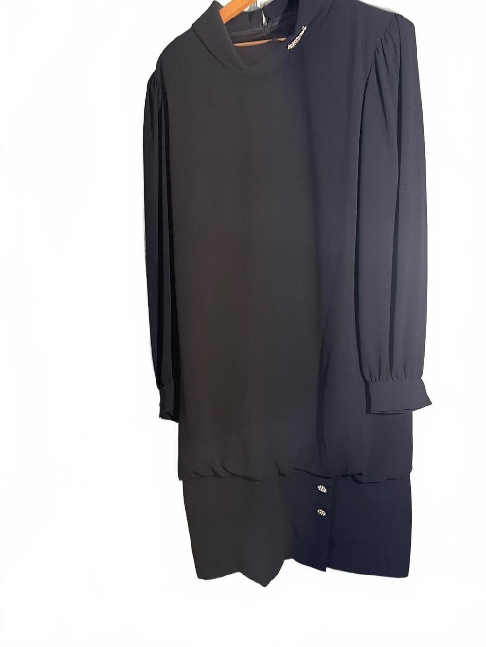 Vintage Ann Hobbs Black Long Sleeve Drop Waist Dress with Rhinestones Size 14